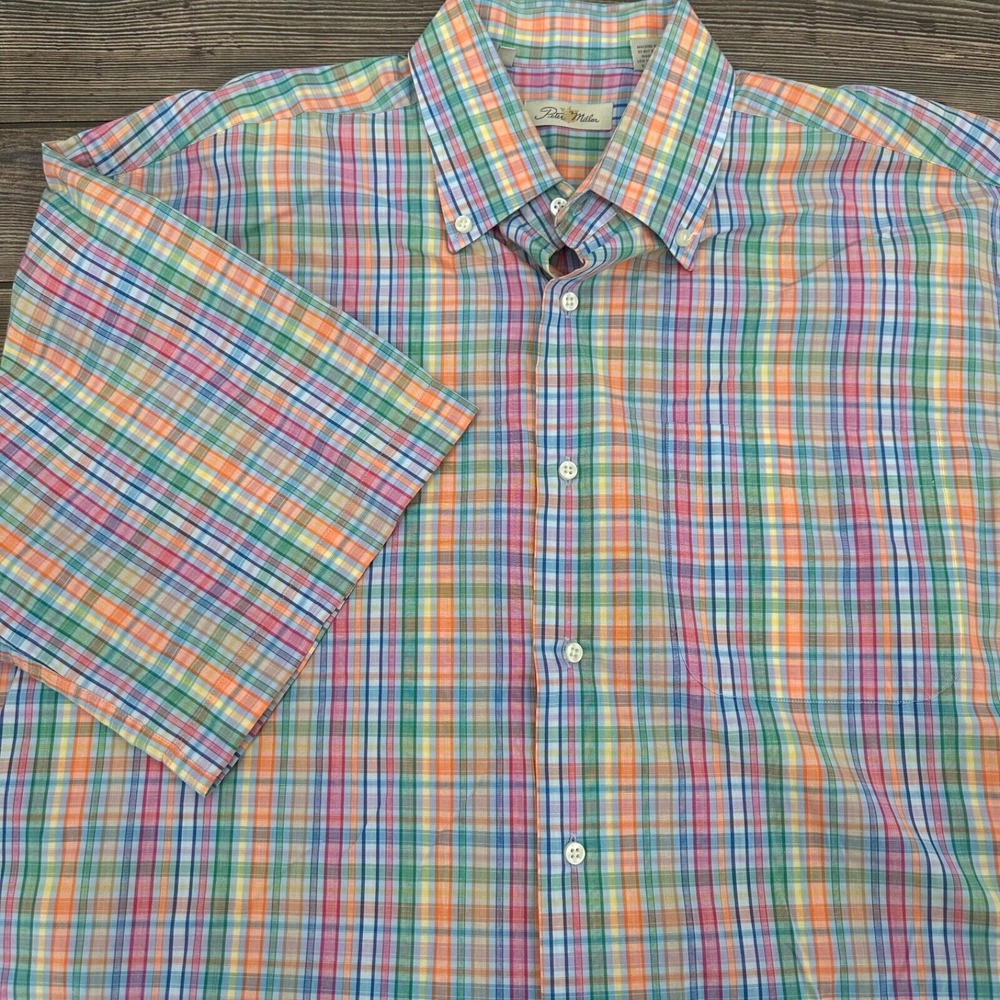 Peter Millar‎ Crown 100% Cotton Shirt Plaid Short Sleeve Multi Color Casual